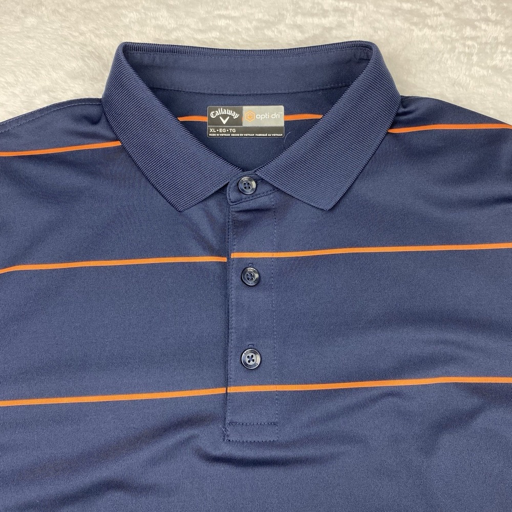 CALLAWAY Opti-Dri Polo Shirt Men's XL Navy Blue w/Orange Stripes Short Sleeves